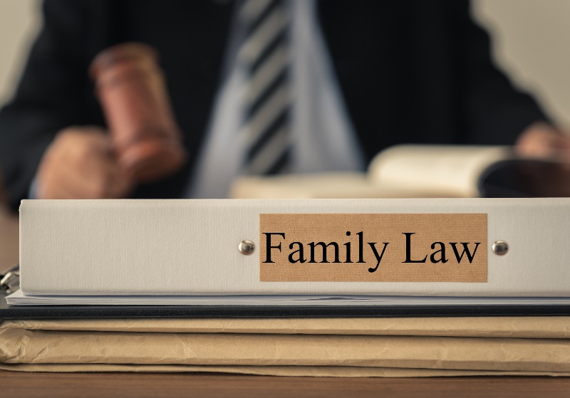 Family law notebook with a defocused lawyer and gavel in the background by the Law Offices of Robert E. O’Connor